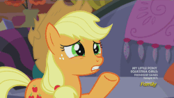 Size: 500x281 | Tagged: safe, screencap, applejack, rarity, earth pony, pony, unicorn, g4, made in manehattan, animated, applejack's damaged hat, crying, discovery family, discovery family logo, drama queen, duo, faint, female, gif, hoof in mouth, hoofjack, mare, marshmelodrama, running makeup, shipping fuel, unconvinced applejack