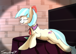 Size: 2047x1447 | Tagged: safe, artist:sakuracheetah, coco pommel, earth pony, pony, g4, made in manehattan, draw me like one of your french girls, eyes closed, female, raised hoof, smiling, solo, sultry pose, that was fast