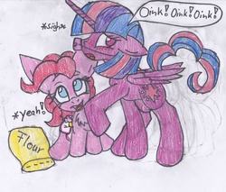 Size: 2661x2266 | Tagged: dead source, safe, artist:cuddlelamb, pinkie pie, twilight sparkle, alicorn, pony, g4, age regression, diaper, female, high res, mare, traditional art, twilight sparkle (alicorn)