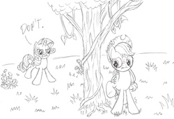 Size: 1600x1100 | Tagged: safe, artist:datspaniard, applejack, rarity, g4, made in manehattan, applejack's damaged hat, behaving like a dog, black and white, grayscale, monochrome, potty time, that was fast, traditional art