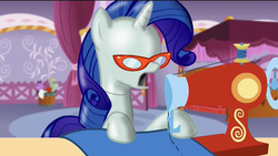 Size: 1024x576 | Tagged: safe, edit, edited screencap, screencap, rarity, canterlot boutique, g4, my little pony: friendship is magic, female, inanimate tf, mannequin, mannequin transformation, objectification, open mouth, sewing machine, solo