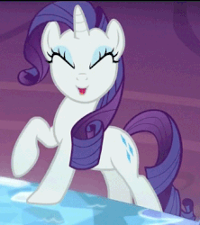 Size: 338x380 | Tagged: safe, screencap, rarity, pony, unicorn, g4, made in manehattan, season 5, :o, animated, cute, excited, eyes closed, female, gif, happy, hoofy-kicks, mare, open mouth, raised hoof, raribetes, rearing, smiling, solo, stomping