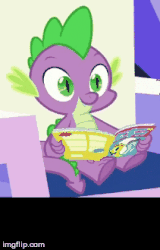 Size: 211x329 | Tagged: safe, screencap, spike, dragon, g4, made in manehattan, animated, book, comic, yes