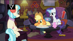 Size: 1920x1080 | Tagged: safe, edit, screencap, applejack, coco pommel, rarity, earth pony, pony, unicorn, g4, made in manehattan, season 5, cello, coco's apartment, cookie, couch, discovery family, discovery family logo, flower, lamp, levitation, logo, magic, musical instrument, raritea, tea, teacup, teapot