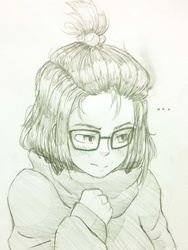 Size: 1319x1758 | Tagged: safe, artist:aisureimi, moondancer, human, g4, ..., blushing, clothes, female, glasses, humanized, monochrome, solo, sweater, traditional art