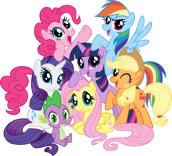 Size: 4946x4492 | Tagged: safe, artist:crunchnugget, applejack, fluttershy, pinkie pie, rainbow dash, rarity, spike, twilight sparkle, dragon, earth pony, pegasus, pony, unicorn, g4, .svg available, absurd resolution, female, group photo, group shot, horn, male, mane seven, mane six, mane six opening poses, mare, one eye closed, open mouth, redesign, simple background, svg, transparent background, unicorn twilight, vector