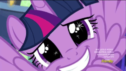 Size: 1280x720 | Tagged: safe, screencap, twilight sparkle, alicorn, pony, g4, made in manehattan, season 5, adorkable, animated, close-up, cute, discovery family, discovery family logo, dork, female, flying, grin, looking at you, mare, smiling, solo, sparkles, sparkly eyes, squee, twiabetes, twilight sparkle (alicorn), wingding eyes