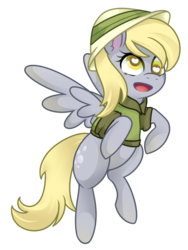 Size: 991x1319 | Tagged: safe, artist:sleep-powder, daring do, derpy hooves, pegasus, pony, g4, clothes, cute, derpabetes, female, hat, heart eyes, mare, simple background, solo, vest, wingding eyes