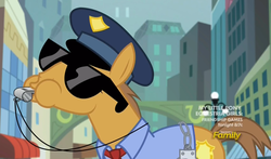 Size: 1729x1018 | Tagged: safe, screencap, rivet, search warrant, earth pony, pony, g4, made in manehattan, clothes, cuffs, male, necktie, police officer, police uniform, shirt, solo, stallion, sunglasses, whistle