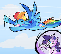 Size: 1023x910 | Tagged: safe, artist:heeeeresizzy, rainbow dash, rarity, g4, blushing, cheering, female, flying, lesbian, ship:raridash, shipping