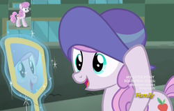 Size: 1684x1072 | Tagged: safe, screencap, pearmain worcester, earth pony, pony, g4, made in manehattan, discovery family logo, female, hat, levitation, magic, mare, mirror, reflection