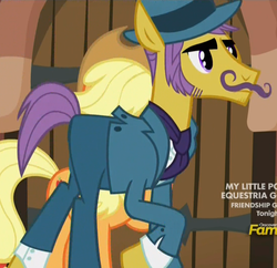 Size: 1108x1074 | Tagged: safe, screencap, applejack, art vandelhay, uptown clover, earth pony, pony, g4, made in manehattan, applejack's hat, background pony, clothes, cowboy hat, cravat, discovery family logo, facial hair, female, hat, male, manehattan, mare, moustache, skinny, solo focus, spats, stallion, suit, thin, tuxedo, walking