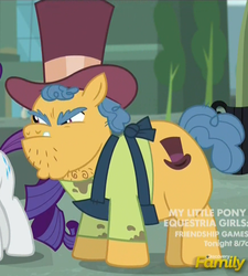 Size: 873x972 | Tagged: safe, screencap, rarity, stinky bottom, earth pony, pony, g4, made in manehattan, angry, apron, chin, chubby, cleft chin, clothes, cropped, dirty, discovery family logo, fat, hat, hatter, male, milliner, solo focus, stallion, street merchant, top hat, vendor