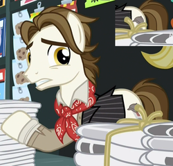 Size: 1119x1071 | Tagged: safe, screencap, news flash, earth pony, pony, g4, made in manehattan, season 5, clothes, cookie, frown, gritted teeth, magazine, male, neckerchief, newspaper, shirt, solo, stallion, vest