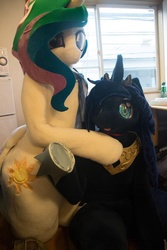 Size: 600x900 | Tagged: dead source, safe, artist:kolshica, artist:toki, princess celestia, princess luna, human, g4, clothes, cosplay, costume, fursuit, hug, irl, irl human, photo