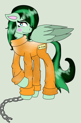 Size: 1024x1544 | Tagged: safe, artist:bluestarthepony, oc, oc only, oc:eden shallowleaf, blushing, broken chains, chains, clothes, jumpsuit, prison outfit, smiling, solo