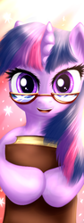 Size: 300x800 | Tagged: safe, artist:sapsan, twilight sparkle, pony, unicorn, g4, book, cute, female, glasses, looking at you, meganekko, smiling, solo, twiabetes