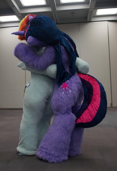 988401 - safe, artist:tashiroyu, rainbow dash, twilight sparkle, human,  clothes, cosplay, costume, female, fursuit, hug, irl, irl human, kissing,  lesbian, photo, shipping, twidash - Derpibooru