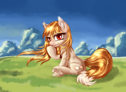 Size: 1920x1400 | Tagged: safe, artist:sapsan, pony, grass, horo, mountain, ponified, scenery, sitting, smiling, solo, spice and wolf, windswept mane