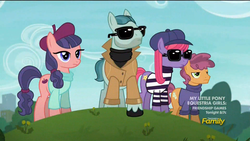 Size: 1920x1080 | Tagged: safe, screencap, late show, on stage, raspberry beret, stardom, earth pony, pony, g4, made in manehattan, beret, clothes, discovery family logo, female, hat, male, mare, method mares, shirt, stallion, sunglasses, sweater, trenchcoat, turtleneck