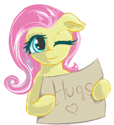 Size: 595x652 | Tagged: safe, artist:sapsan, fluttershy, pegasus, pony, g4, female, hugs needed, sign, smiling, solo, wink