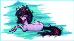 Size: 3400x1910 | Tagged: safe, artist:wirbelsaule, twilight sparkle, g4, female, glasses, messy mane, solo, traditional art