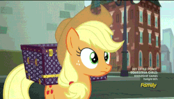 Size: 500x283 | Tagged: safe, screencap, applejack, earth pony, pony, g4, made in manehattan, season 5, animated, applejack's hat, chest, cowboy hat, female, hat, jackabuse, magic, manehattan, mare, ouch, solo, violence