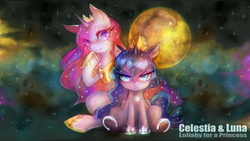 Size: 1920x1080 | Tagged: safe, artist:girlsay, angel bunny, princess celestia, princess luna, g4, filly, mare in the moon, moon, moon bunny, pink-mane celestia, pixiv, sitting, stars, underhoof, wallpaper, woona, younger