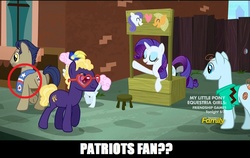 Size: 960x608 | Tagged: safe, edit, edited screencap, screencap, blue peeler, charlie horse, pearly stitch, rarity, winning goal, g4, made in manehattan, charlie brown, lucy's advice booth, new england patriots, patriots, peanuts