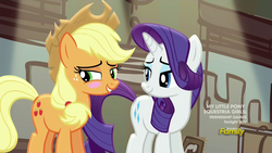 Size: 1280x720 | Tagged: safe, screencap, applejack, rarity, g4, made in manehattan, applejack's damaged hat, blushing, lidded eyes, out of context
