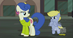 Size: 1260x666 | Tagged: safe, screencap, blueberry curls, cloudy daze, curtain call, earth pony, pegasus, pony, g4, made in manehattan, background pony, begging, bow, clothes, colt, discovery family logo, earring, female, hair bow, mare, mother and son, piercing, raised eyebrow, shirt