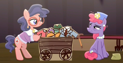 Size: 1129x582 | Tagged: safe, screencap, raspberry beret, stardom, g4, made in manehattan, cardboard cutout, clothes, flower, glasses, hat, jacket, method mares, necklace, pearl, pillbox hat, play, stage