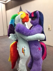 Size: 600x800 | Tagged: safe, artist:tashiroyu, rainbow dash, twilight sparkle, human, anthro, g4, cosplay, costume, embrace, female, fursuit, hug, irl, irl human, lesbian, photo, ship:twidash, shipping