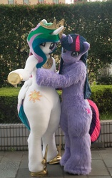 Size: 1024x1634 | Tagged: safe, artist:tashiroyu, artist:toki, princess celestia, twilight sparkle, human, anthro, g4, cosplay, costume, fursuit, hug, irl, irl human, photo