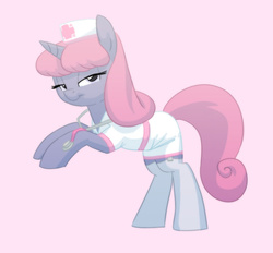 Size: 862x800 | Tagged: safe, artist:carnifex, oc, oc only, oc:velvet, pony, unicorn, clothes, female, garter belt, garters, looking at you, mare, nurse, pink background, simple background, solo, stethoscope, stockings, thigh highs