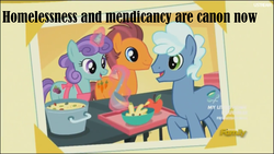 Size: 1366x768 | Tagged: safe, screencap, carrot stew, plum pop, winter mist, earth pony, pony, g4, made in manehattan, background pony, beggar, discovery family logo, female, food, homeless, male, mare, poverty, stallion