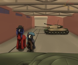Size: 1280x1067 | Tagged: safe, artist:the-furry-railfan, oc, oc only, oc:aerith, oc:night strike, alicorn, pegasus, pony, fallout equestria, fallout equestria: empty quiver, clothes, hangar, hat, indoors, porsche tiger, story, tank (vehicle), tiger (tank)