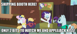 Size: 884x400 | Tagged: safe, edit, screencap, applejack, blue peeler, charlie horse, pearly stitch, rarity, g4, made in manehattan, charlie brown, female, heart, image macro, lesbian, lucy's advice booth, meme, peanuts, ship:rarijack, shipping