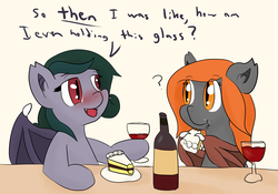 Size: 1923x1349 | Tagged: safe, artist:candel, oc, oc only, oc:flare, oc:milkshake honeymoon, bat pony, pony, blushing, cake, drunk, wine