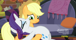 Size: 1599x850 | Tagged: safe, screencap, applejack, rarity, g4, made in manehattan, my little pony: friendship is magic, applejack's damaged hat