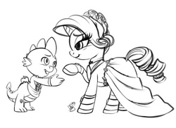 Size: 500x363 | Tagged: safe, artist:pia-sama, rarity, spike, pony, unicorn, g4, clothes, cute, dancing, dress, female, male, mare, monochrome, ship:sparity, shipping, simple background, straight, white background, wip