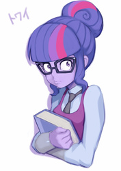 Size: 849x1200 | Tagged: safe, artist:rikusiki, sci-twi, twilight sparkle, equestria girls, g4, my little pony equestria girls: friendship games, book, female, glasses, pixiv, solo