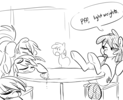 Size: 1750x1432 | Tagged: safe, artist:glacierclear, berry punch, berryshine, g4, alcohol, berry punch is not amused, hooves on the table, monochrome, passed out, pony pile, unamused