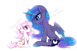 Size: 1600x1067 | Tagged: safe, artist:magnaluna, princess celestia, princess luna, alicorn, pony, g4, age regression, cewestia, chest fluff, cute, dialogue, female, filly, heart, looking at each other, mare, open mouth, pink-mane celestia, senpai, simple background, sisters, sitting, smiling