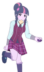 Size: 1280x2116 | Tagged: safe, artist:jonfawkes, sci-twi, twilight sparkle, equestria girls, g4, my little pony equestria girls: friendship games, clothes, crystal prep academy uniform, cute, female, looking at you, magic capture device, mouth hold, nom, school uniform, schoolgirl toast, skirt, solo, toast, twiabetes