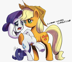 Size: 895x765 | Tagged: safe, artist:grissaecrim, applejack, rarity, g4, made in manehattan, applejack's damaged hat, armpits, bipedal leaning, crying, eye contact, frown, open mouth, running makeup, sad, scene interpretation, underhoof