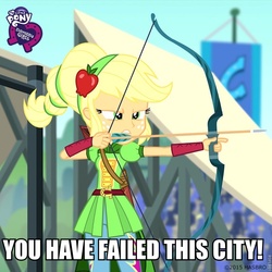 Size: 800x800 | Tagged: safe, screencap, applejack, equestria girls, g4, my little pony equestria girls: friendship games, archery, arrow, arrow (tv), arrowverse, bow (weapon), bow and arrow, equestria girls logo, green arrow, image macro, meme, that was fast, weapon, you have failed this city