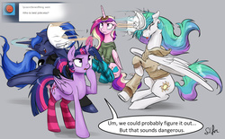 Size: 3208x1992 | Tagged: safe, artist:silfoe, princess cadance, princess celestia, princess luna, twilight sparkle, alicorn, pony, ask majesty incarnate, royal sketchbook, g4, :p, alicorn tetrarchy, alternate hairstyle, ask, clothes, eyes closed, female, floppy ears, frown, hoodie, horn, horn grab, horn impalement, magic, mare, messy mane, open mouth, pillow fight, ponytail, raised eyebrow, sitting, smiling, socks, striped socks, telekinesis, tongue out, tumblr, twilight sparkle (alicorn), underhoof