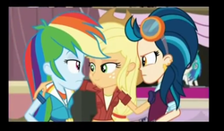 Size: 936x547 | Tagged: safe, screencap, applejack, dj pon-3, indigo zap, rainbow dash, vinyl scratch, equestria girls, g4, my little pony equestria girls: friendship games, female, hug