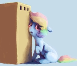 Size: 2235x1900 | Tagged: safe, artist:sharpieboss, rainbow dash, g4, box, female, raised hoof, simple background, sitting, solo